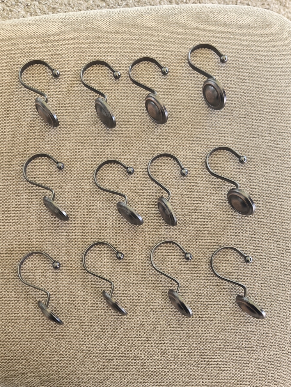 Set of 12 Metal Shower Curtain Hooks in Antique Bronze